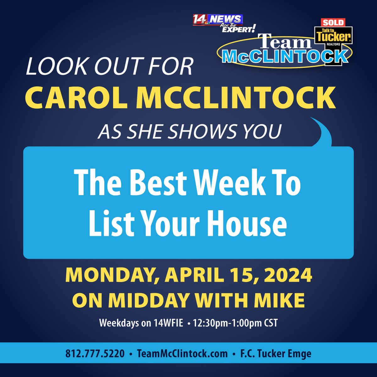 🌟 Selling your home? The best week is April 14-20! Catch Carol McClintock on #MiddayWithMike, TODAY, to find out why it's the golden window for home sellers. Tune in and get ready to list! 🏡✨ #RealEstateInsights #SellSmart #TeamMcClintock