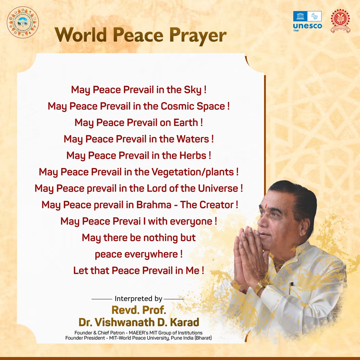 Discover the serene energy and peaceful vibrations of the Vishwashanti Prayer beautifully interpreted by the esteemed Rev'd Prof. Dr. Vishwanath Karad and let it guide your soul towards Peace and Harmony.

#MITWPU #MITWPUOfficial #WorldPeaceUniversity #DrVishwanathKarad #WPU