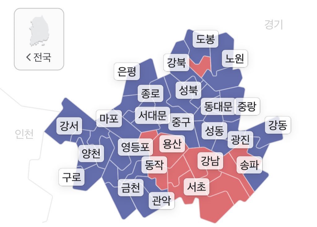 Much of the red part (conservative) in southeastern Seoul is the affluent Gangnam district, famed for the song Gangnam Style, a consistent conservative stronghold even in a year when most districts voted against the ruling party. (Source: Naver)