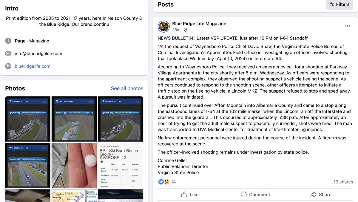 Virginia police shooting after standoff on interstate.
'After approximately an hour of trying to get the adult male suspect to peacefully surrender, shots were fired. The man was transported to UVA Medical Center for treatment of life-threatening injuries.'
@BlueRidgeLife