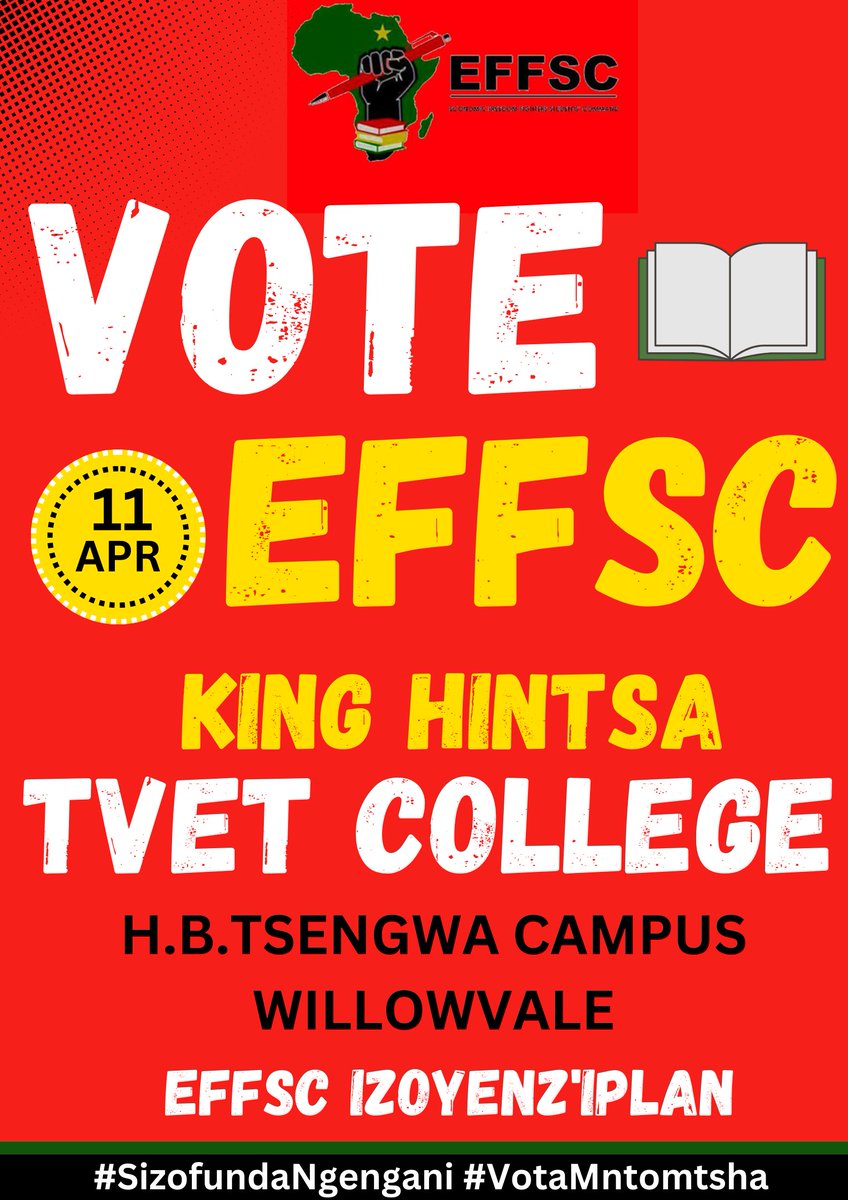 ♦️Happening Today♦️ Today the EFFSC will contesting the SRC election in King Hintsa TVET college ezilalini kugatyane and the is only one way. Victory is Certain #VoteEFF2024 #VoteEFFSC