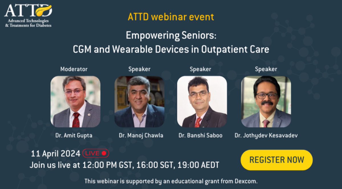 Join us today for an ATTD Webinar: Empowering Seniors—CGM and Wearable Devices in Outpatient Care Live at 12.30 PM IST- 11th April 2024 lnkd.in/g3hmqMW9 @ATTDconf @TBattelino @TomDanne @MadderJules @drpratikc @LalanthaL @DianaMIsaacs @Drhkakturk @Rssdi_official