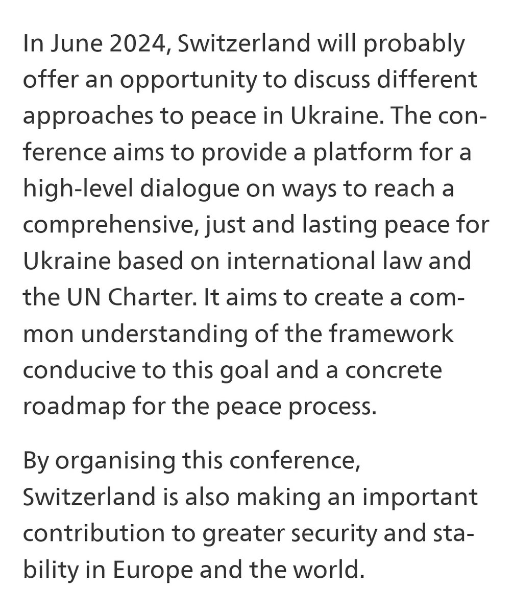 Formal announcement made! 

High-level conference on peace in Ukraine

Switzerland is organising a high-level conference on peace in Ukraine expected to take place in June 2024 at the Bürgenstock. 

🗓️ June 2024
📍Bürgenstock, 🇨🇭 
 #UAPeaceConference #PathToPeace…