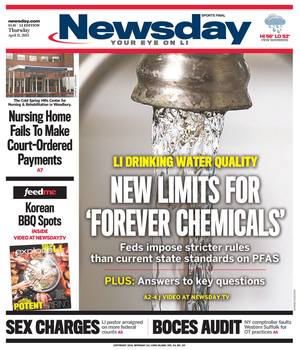 Thursday's cover: New EPA limits on PFAS 'forever chemicals' set stricter standards for Long Island drinking water buff.ly/49vwWaw
