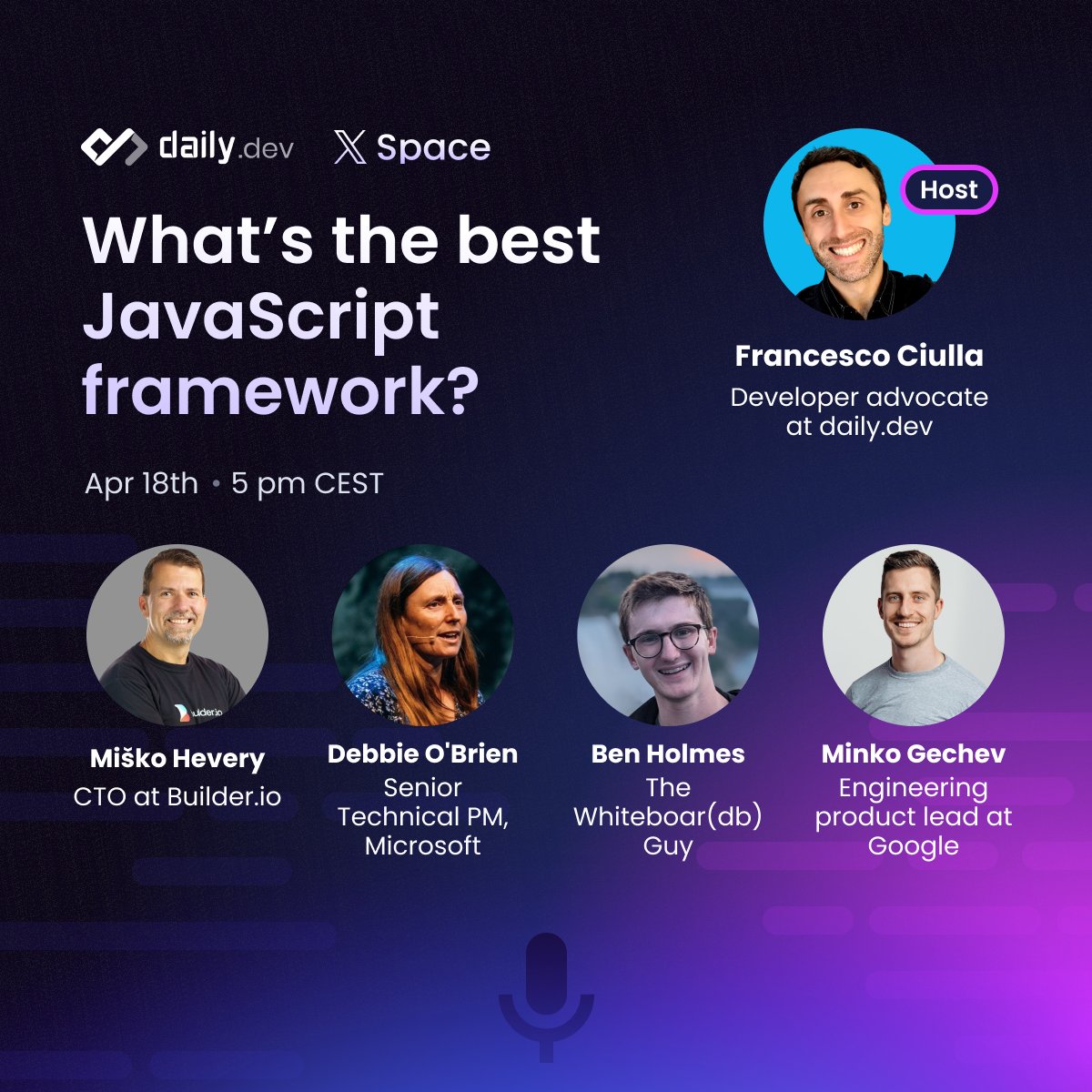 Last month, we had a lot of fun with a space titled 'What's the best programming language?' So let's make one with an even worse question: What's the best JavaScript framework? 🔗 twitter.com/i/spaces/1MYxN… Speakers are top-notch - Debbie O'Brien @debs_obrien - Ben Holmes