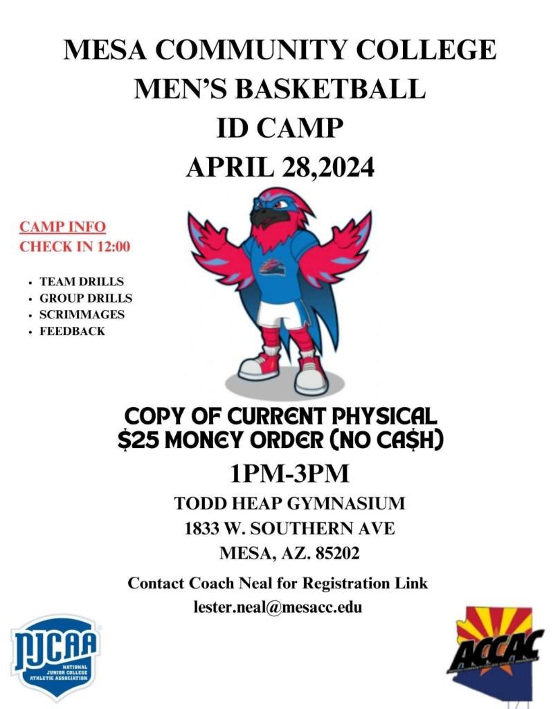 Men's Basketball will be hosting a Camp ID on Sunday April 28th 2024 from 1-3PM. Please use the registration link to register. forms.gle/WZEvzd5o58rcnX… A copy of a current physical is mandatory.