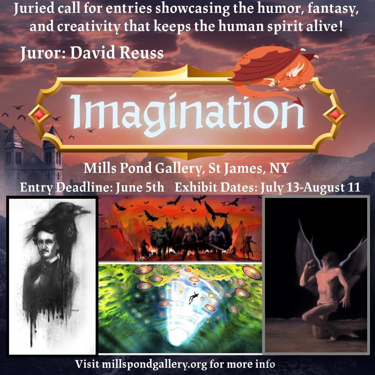 Explore new fantastical worlds in Imagination, our latest juried call for entries juried by artist David Reuss!
#millspondgallery #smithtownny #stjamesny #artshowcase #artgallery #nesconsetny #stonybrook #millpond #suffolkcounty #suffolkcountyny #art #illustrationart