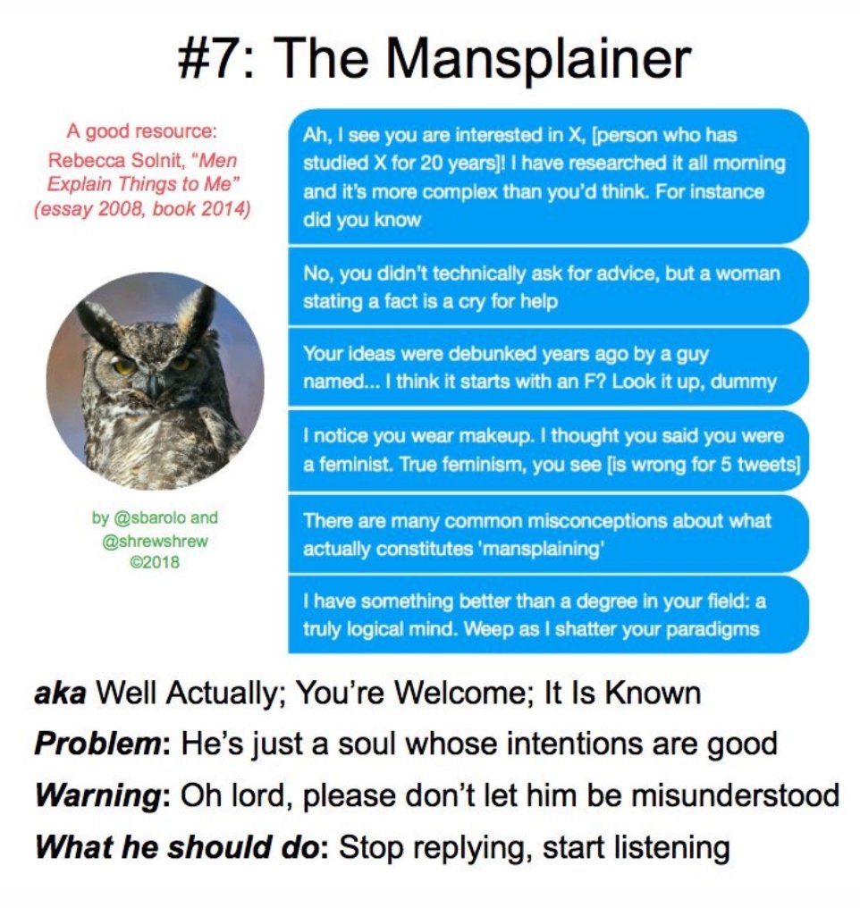 Anti-feminist men on X: I get a fair amount of pushback to my posts from anti-feminist, pro-patriarchal men. I think most fall into 2 types of 'Reply Guy', the Sea Lion and the Mansplainer. Here are helpful short guides to both. See bardoloi.com/blog/2018/09/1… (Shrew & Scott Barolo)