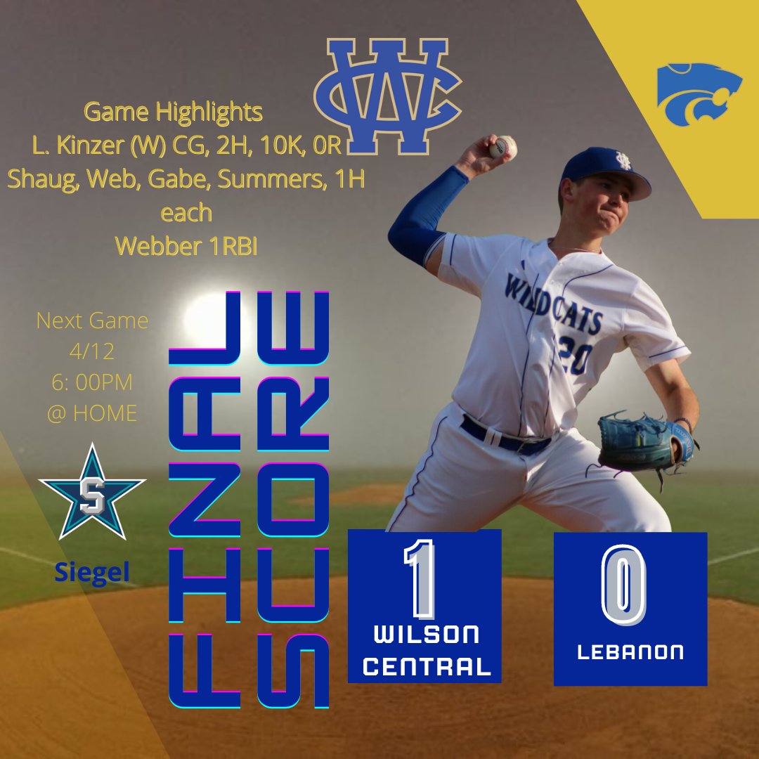 Another Pitchers' Duel tonight and Kinzer goes the distance! Complete Game Shutout, allowing only 2 hits, while striking out 10! Web got the big hit to score Shaug in the 3rd! Fellas are finding ways to win and are now 16-4(6-0) on the season! <a href="/WCSN16/">WCSN</a> <a href="/WilsonCentralHS/">WCHS</a>