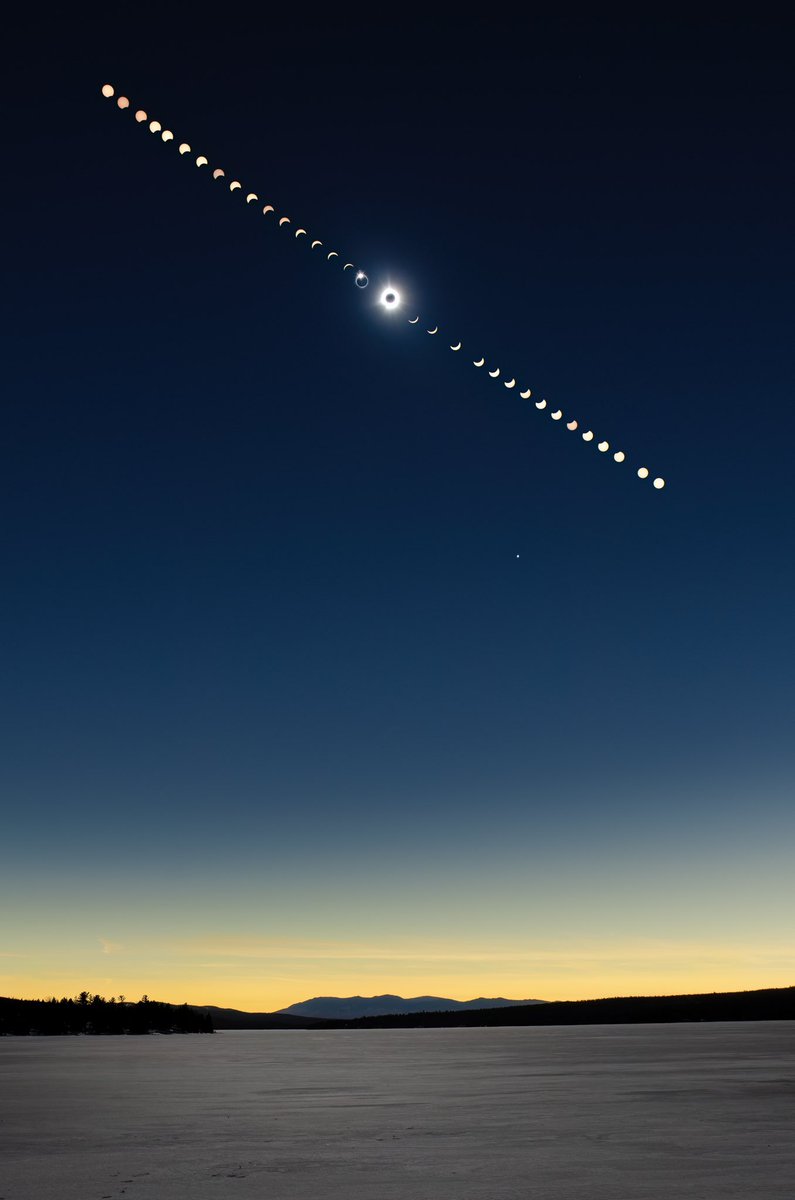 A Composite image showing the path of the sun and moon during the afternoon of the total solar eclipse over the frozen Lac Megantic , Quebec. I even got a mini diamond ring!!! #totalsolareclipse #diamondring #lacmegantic The bright star below is Venus