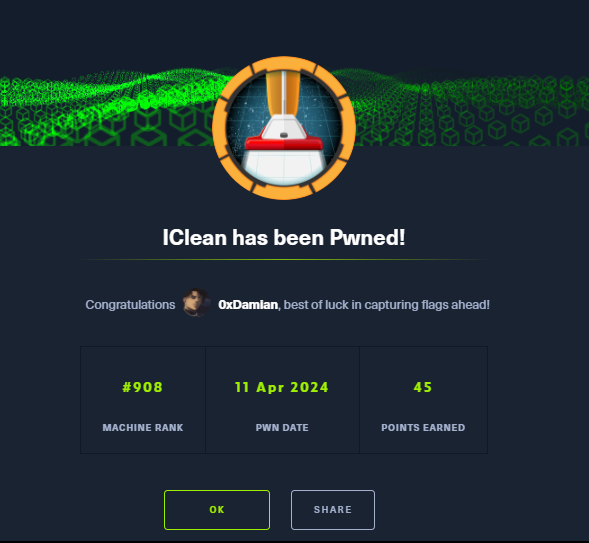 Green fn!

I just pwned IClean in Hack The Box! hackthebox.com/achievement/ma… #hackthebox #htb #cybersecurity