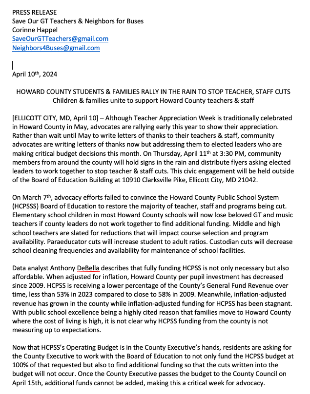 PRESS RELEASE: Howard County students &amp; families rally in the rain to stop teacher, staff cuts.