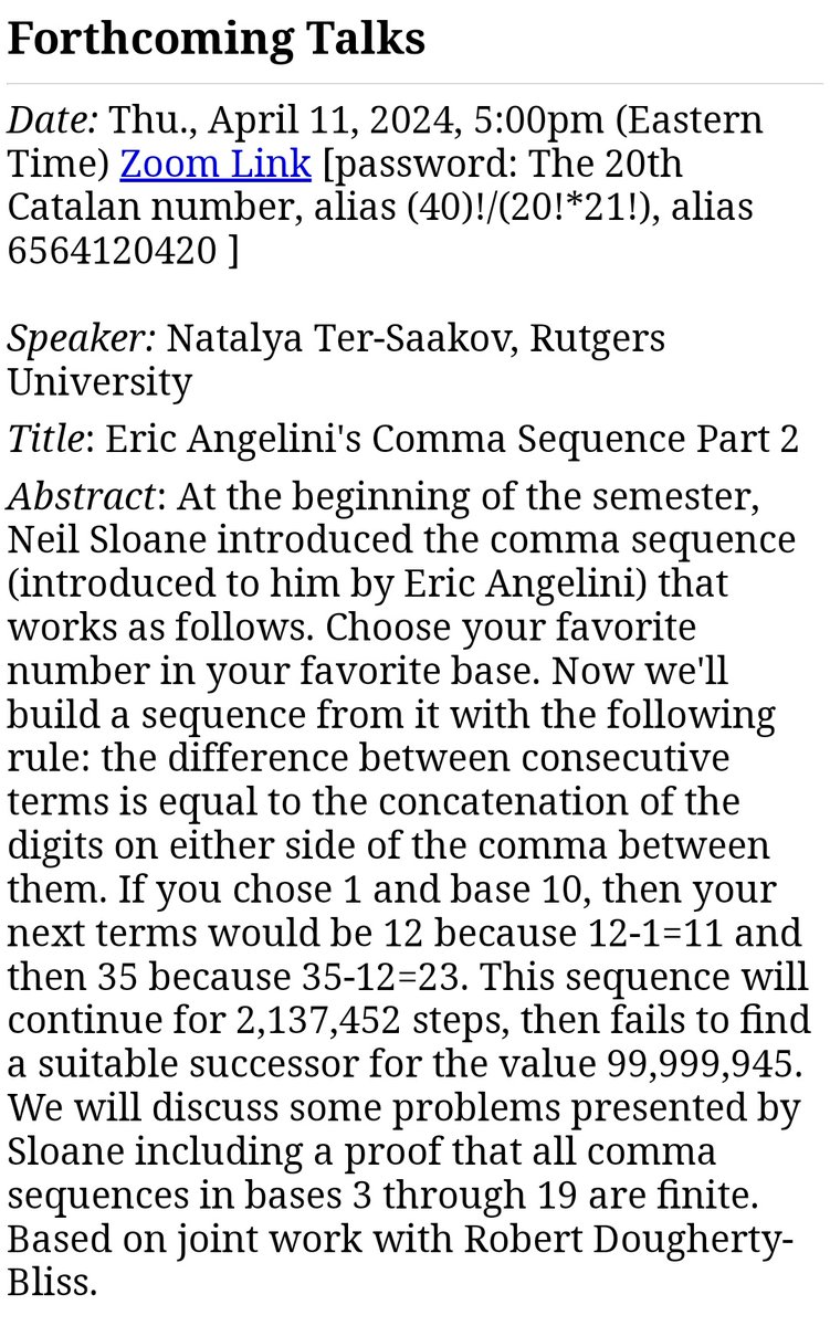 “EXPERIMENTAL MATH TALKS AFTER THE PICKET LINE: ERIC ANGELINI'S COMMA SEQUENCE PART 2” SYNOPSIS: Our speaker next week will be Natalya Ter-Saakov (Rutgers University). For details see b... THU 04/11 at 5PM ET The World Wide Web, visit: sites.math.rutgers.edu/~zeilberg/expm… P.S. @RutgersU