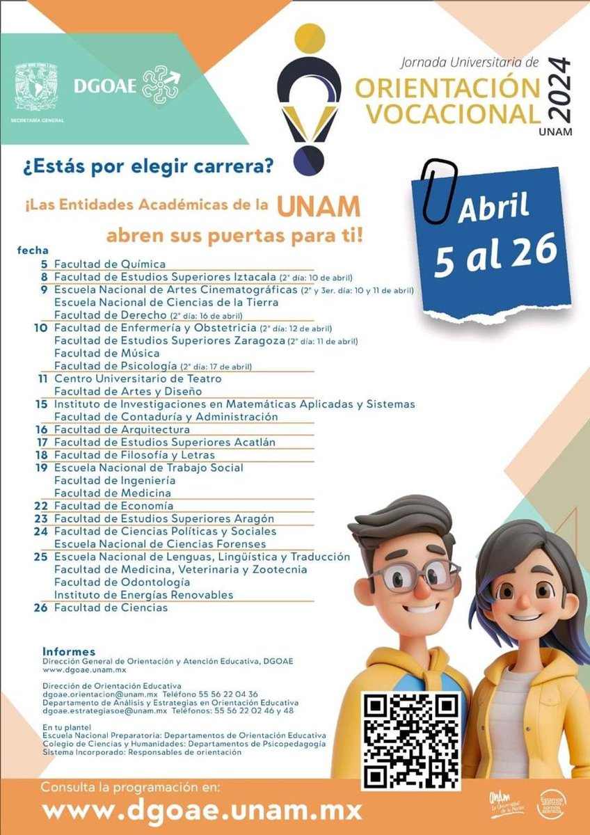 CCHVallejo_Ofi's tweet photo. 💡#NoOlvidesQue🏫las #facultades de la UNAM abren sus puertas para que conozcas sus instalaciones, planes de estudios, actividades y mucho más.
🗓Consulta las fechas y acude el día que corresponde a la entidad de tu interés.
Tienes hasta el 26 de abril para visitarlas. https://t.co/REmrxjyHri