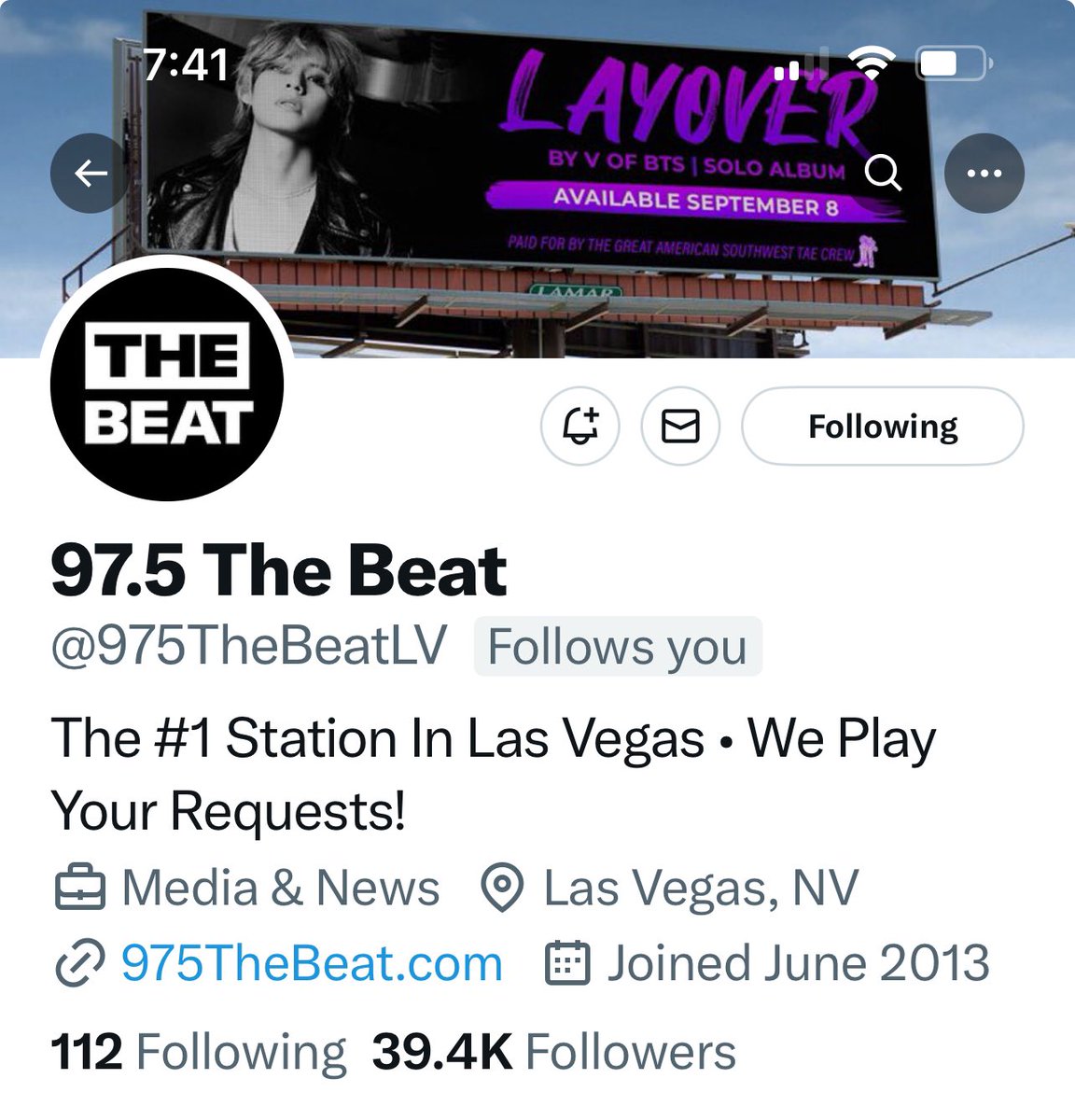 Check out USA radio station in Las Vegas X account @975TheBeatLV new banner photo! It’s the billboard advertisement paid for by #V fans from Southwest USA states! Please follow and support them on instagram too! Here their new #V_FRI_END_S ad in thread and how to song request