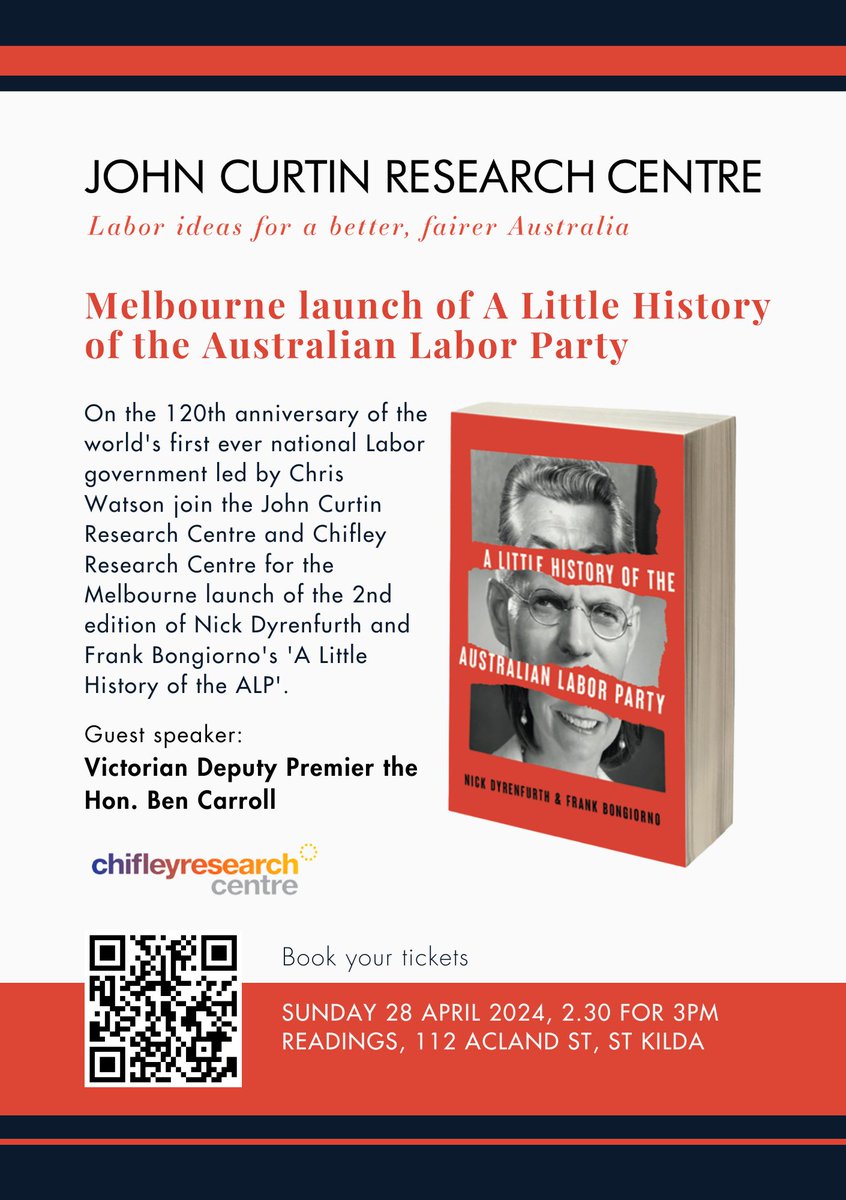 A reminder to join the JCRC and @ChifleyResearch for the Melbourne launch of the 2nd edition of Nick @Dyrenfurth and @fbongiornoanu's A Little History of the Australian Labor Party (@newsouthpub ). Guest speaker is @BenCarrollMP  Entry is free but bookings are essential:…