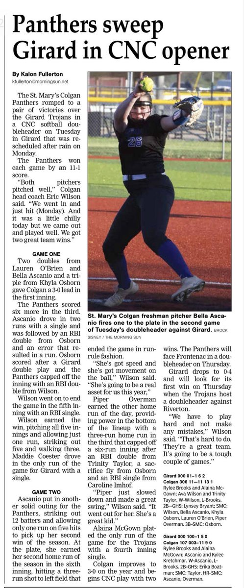 Thank you @cowlonfull for last week’s coverage on our double header! This was a great day at the balllpark with my team🤘#begreat #giveeverything @SamanthaOverma1 @SMC_Panthers @gatorjack72 @JWall1820 @YAthletesF @Softball_Home @SoftballDown @SBRRetweets @sunil_interview