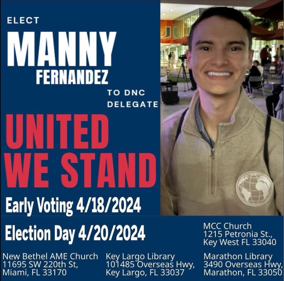 MannyF04's tweet photo. Itโs official, yโall! Iโm on the ballot for the #DNCDelegate election on April 20th!
If youโre a registered Democrat in Floridaโs 28th Congressional District, Iโd appreciate your vote! I hope to represent the youth and values of progress and change!
@FlaDems @MiamiDadeDems https://t.co/OqDGleeiX2