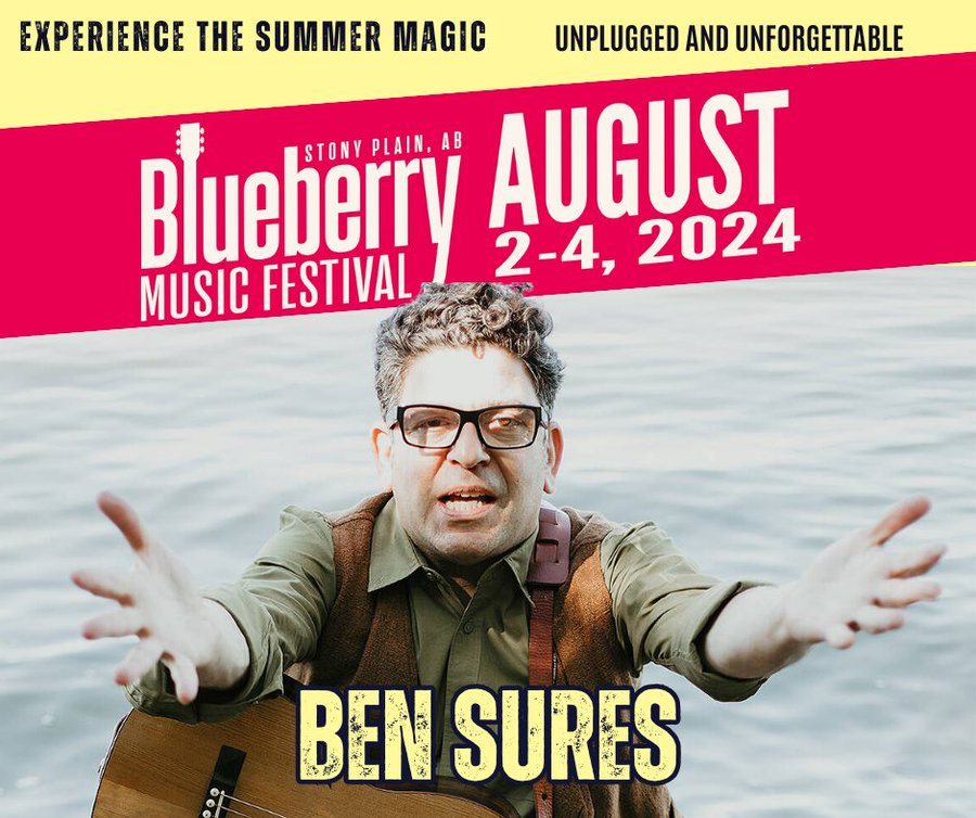 Edmonton's @BenSures is coming to Stony Plain for our festival Aug. 2-4. An award-winning songwriter & folk singer, Sures is personable & riveting, at turns introspective, keen, romantic, and philosophical. Early Bird tix and all information @ BlueberryBluegrass.com #yeg