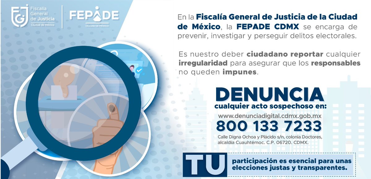 La presencia de la @FEPADE_CDMX durante los comicios garantiza una vigilancia constante. Ante cualquier indicio de anomalía, la institución está lista para iniciar investigaciones. La participación ciudadana es esencial. Denuncia en la #FEPADECDMX: fgjcdmx.gob.mx/micrositios/fe……