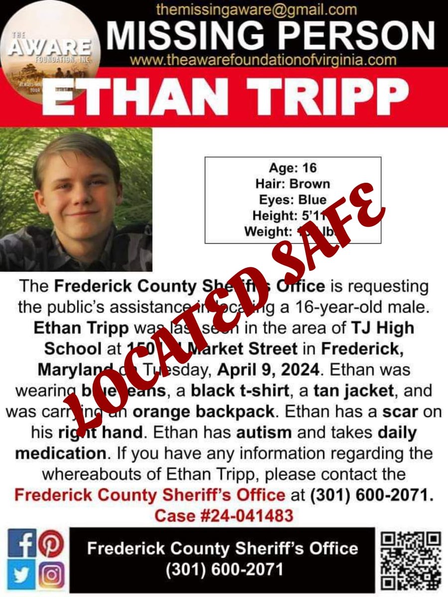 UPDATE: ETHAN has been located and is SAFE. Thanks again for your help. #TheAWAREFoundation