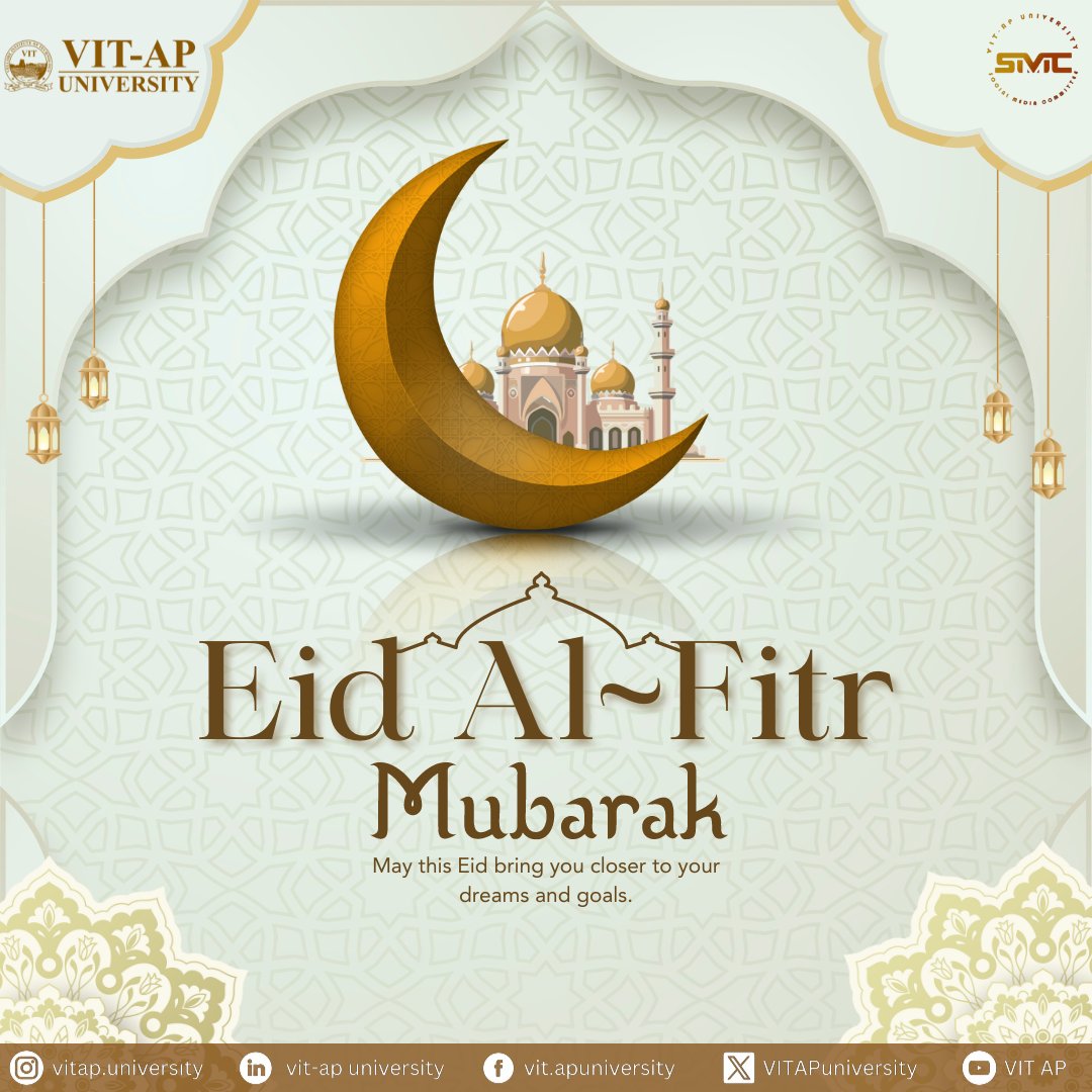 Eid Mubarak! Sending wishes for a joyous Eid Al-Fitr filled with peace, happiness, and sweet treats! #EidMubarak #HappyEid #VITAP #VIT