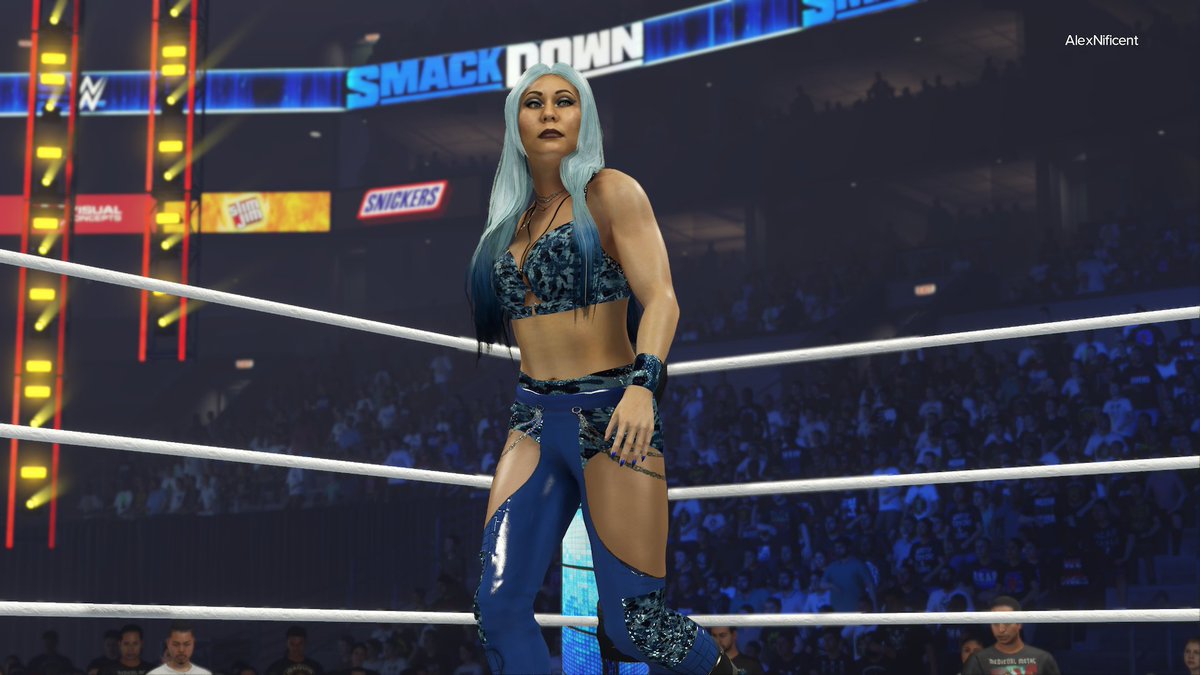 HBIC 💙🩵💙 'Michin' Mia Yim gear from SD New Years Resolution is now available on CC!! Tags: MichinMiaYim, Pugnificent Credit to @divadadde for the chain textures ✨✨✨. New account alert! ⚡⚡ Enjoy!! #WWE2K24 #WrestleManiaSZN