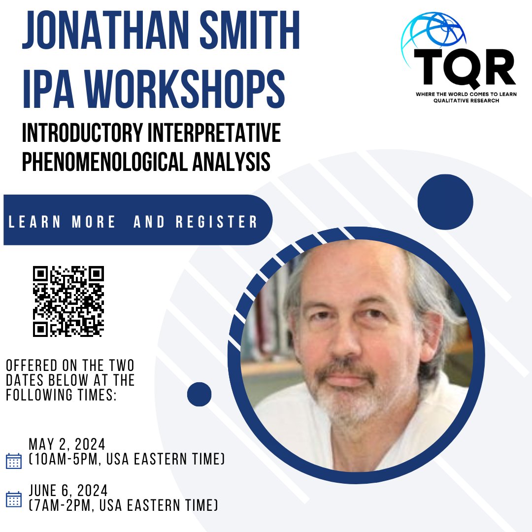 The Qualitative Report Workshop Series (Virtual) Jonathan Smith – Introductory Interpretative Phenomenological Analysis (IPA) (May 2, 2024 and June 6, 2024) tqr.nova.edu/jonathan-smith…… #tqr #research #qualitative #qualitativeresearch #thequalreport