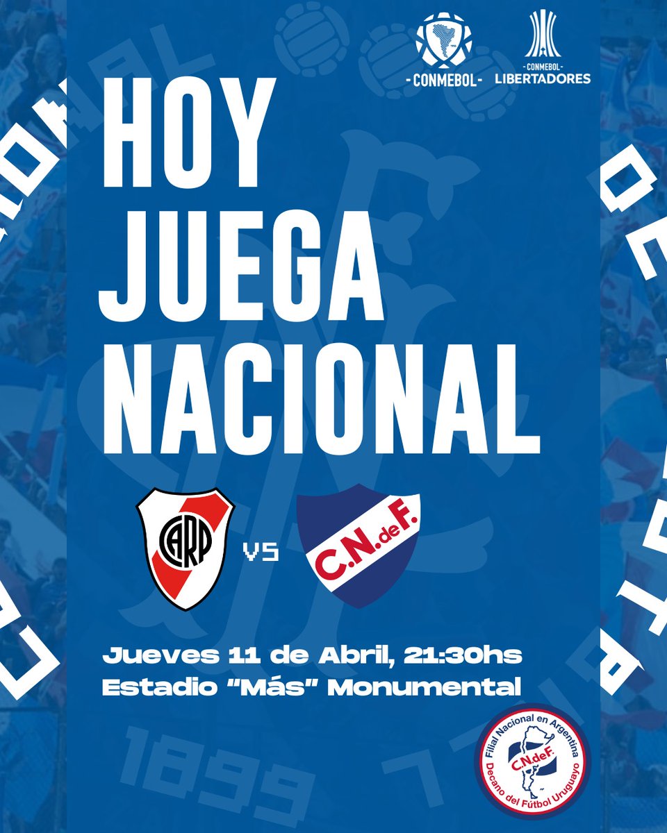 ¡HOY JUEGA NACIONAL! 🟦⬜🟥
El Decano del fútbol uruguayo visita a @RiverPlate por la #fecha2 de la #ConmebolLibertadores 

Nos vemos en el Monumental y en la Filial 💪🇱🇺

#ALoNacional #ElClubGigante