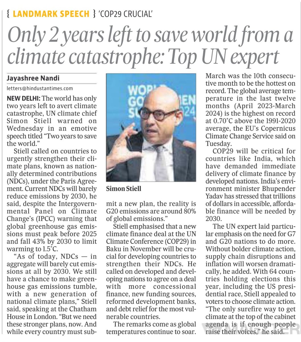 NeelkamalTOI's tweet image. Its nw or never like situation developing on containing GHG emissions thus limiting temp rise by 1.5° by 2030 UN Climate Change @UNFCCC head @simonstiell say only 2 yrs left to save world from climate catastrophe 64 countries going to polls climate action needed @jayashreenandi