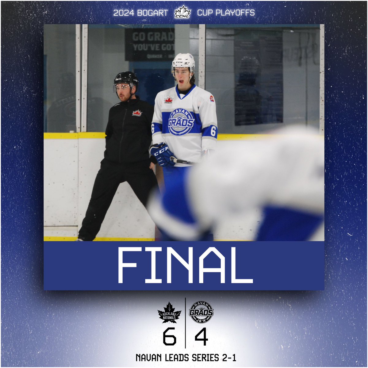 🚨FINAL SCORE🚨 The Rockland Nationals win 6-4 tonight in Game #3 over the Navan Grads. Colin MacDougalll 2G, Nico Paone 1G/2A, Gabriel Crete 1G and Tola 3A. We are back in action on Friday for Game #4 at Rockland Arena #Playoffs @TheCCHL