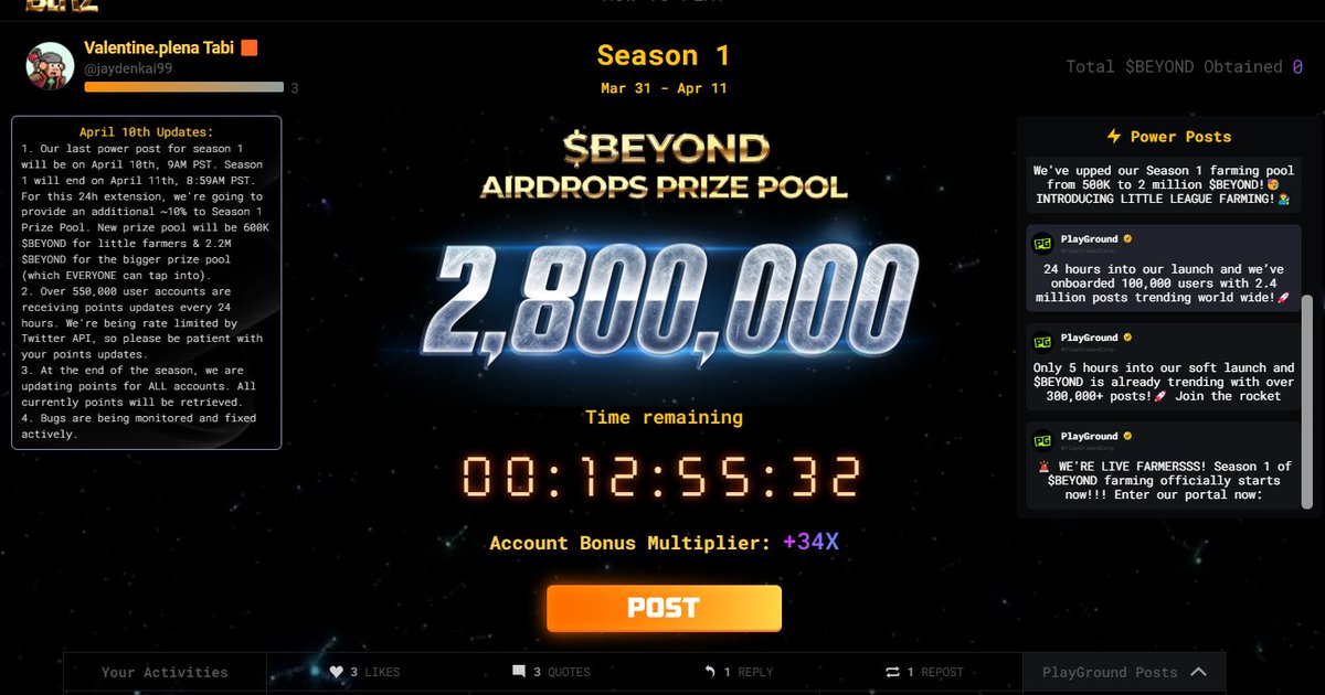 gm farmor!!!
only 12 hours left for $BEYOND <a href="/PlayGroundCorp/">PlayGround</a>  <a href="/ParamLaboratory/">Param Labs</a>
$PARAM $TRIP <a href="/PlayOverTrip/">OverTrip</a>
$COOKIE @Cookie3_com
$BUBBLE <a href="/Imaginary_Ones/">Imaginary Ones | Bubio.ai</a>
$MOJO <a href="/WeArePlanetMojo/">Mojo AI 🌱</a>
$RICY #PIXELPIX <a href="/PlayPixelPix/">Pixel Pix</a>
$XTER $SOMO <a href="/playsomo/">SOMO</a>
@SenderLabs
lets boost harder! 
like comment and rt!