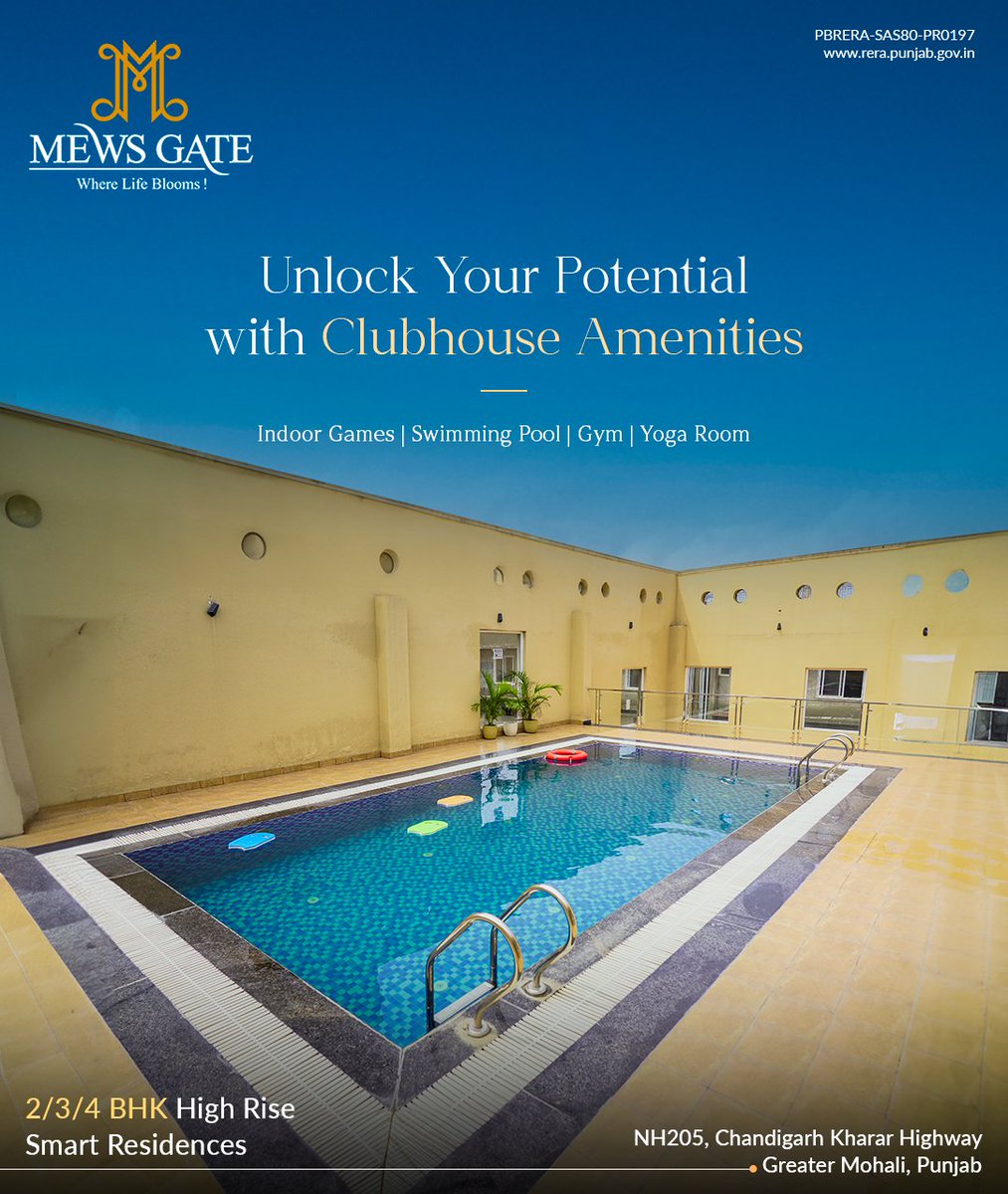 Our clubhouse amenities offer everything you need to pursue your interests. 🏠2/3/4 BHK High-Rise Smart Residences at Mews Gate 📍NH 205, Chandigarh Kharar Highway Greater Mohali, Punjab ↘️ Call us at 90695-90695 #MewsGate #Clubhouse #LuxuryLiving #CommunitySpaces
