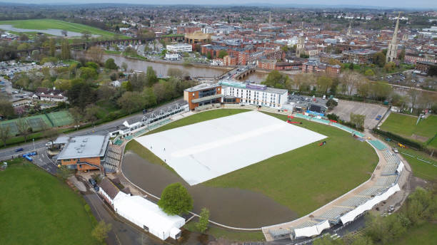 New Road Worcester again flooded, April 9th 2024. The county's opening Championship games were moved to Kidderminster back in February after a poor winter, but early starts to the season and climate change only adds to a perennial problem (Annabel Lee-Ellis)