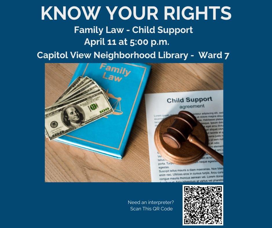 Need help understanding and navigating child support?

Don’t miss the Thursday, April 11 Know Your Rights presentation on family law and child support in collaboration with DC Public Library at the Capitol View Neighborhood Library in Ward 7. 

#KnowYourRights #DCFamilyLaw