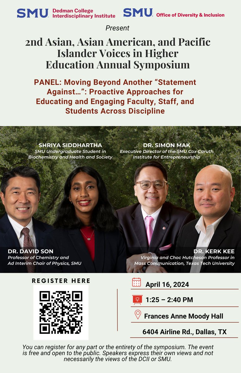 I'm moderating a panel at the 2nd annual @smudallas @AAPIScholars conference on Tues 4/16 from 125-240pm. This is an all day conference with many different topics related to #AAPI issues, inside and outside academia. Hope to see you there!