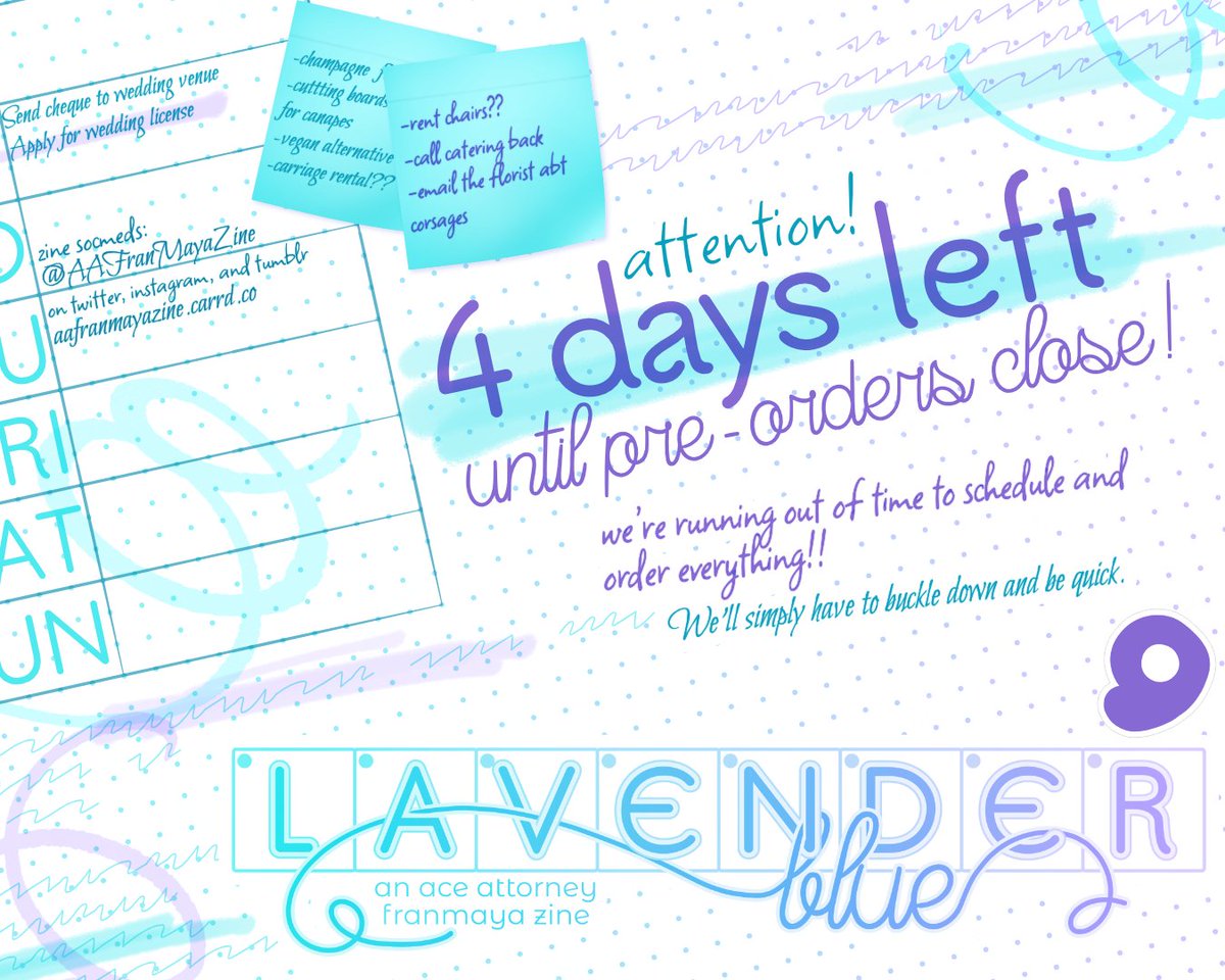 📑 NOT LONG NOW - Heads-up! There are just 4 DAYS LEFT to preorder 'Lavender Blue,' an #AceAttorney #Franmaya fanzine! Don't miss your chance to get your hands on this first-of-its-kind zine celebrating Franziska and Maya's relationship! 💙 aafranmayazine.bigcartel.com 💜