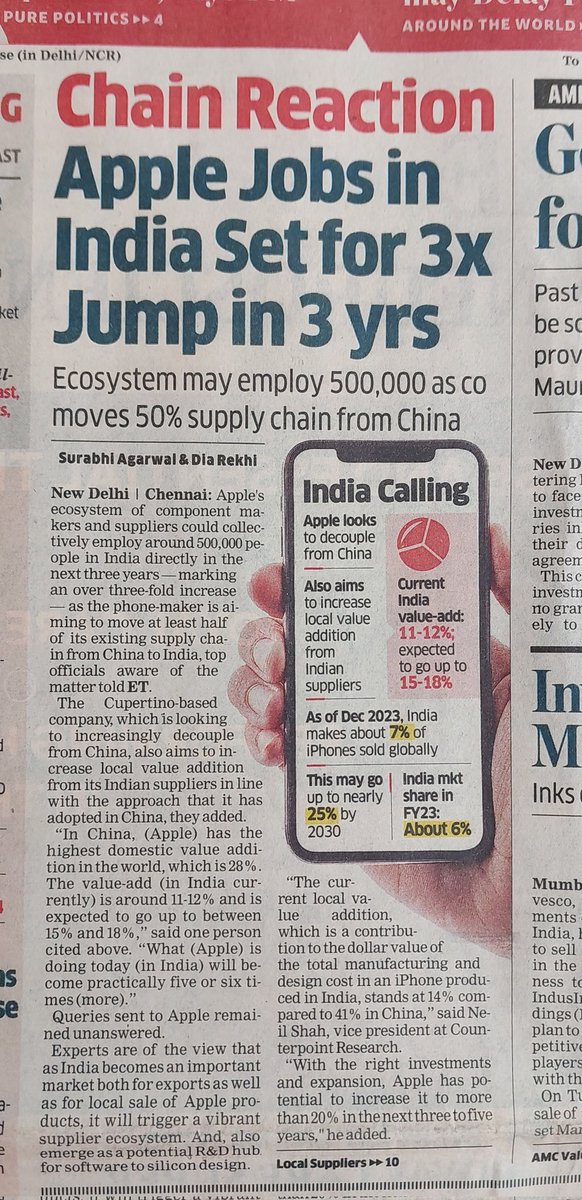 Half a million jobs once half the Apple supply chain moves to India from China in the next 3 years.

Good move @Apple, India is the place to be. 

More powers to #MakeInIndia