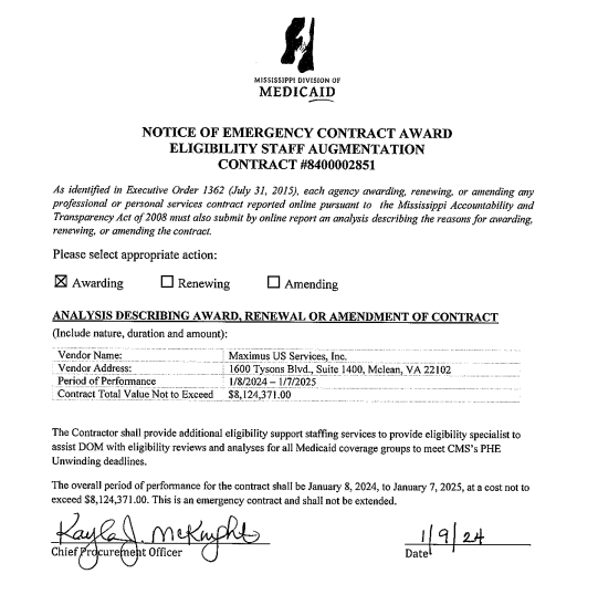 MS Medicaid gave Maximus a $8,124,371.00 contract in Jan. because we don't have enough eligibility staff. The Senate's eligibility determinations would be more time consuming due to the work requirement AND the Senate wants eligibility determined quarterly instead of annually.