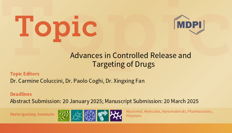 📢#MDPITopic 'Advances in Controlled Release and Targeting of Drugs', edited by Dr. Carmine Coluccini, Dr. Paolo Coghi and Dr. Xingxing Fan, is open for submissions!✍️ 🔗mdpi.com/topics/FTE5IUL… Journals @Polymers_MDPI @Nano_MDPI @MDPIpharma @Molecules_MDPI'