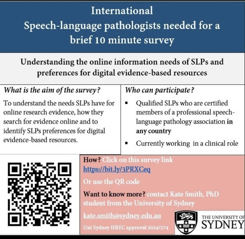 Elise Bogart (@eliseelbourn) on Twitter photo Hi #SLPeeps! Are you working in a clinical role? We’d like your input on an international survey to understand #SLPs needs for online research evidence and #SLPs preferences for digital #EBP resources. <a href="/LeanneTogher/">Professor Leanne Togher</a>
Link to survey bit.ly/3PRXCeq Hi #SLPeeps! Are you working in a clinical role? We’d like your input on an international survey to understand #SLPs needs for online research evidence and #SLPs preferences for digital #EBP resources. <a href="/LeanneTogher/">Professor Leanne Togher</a>
Link to survey bit.ly/3PRXCeq