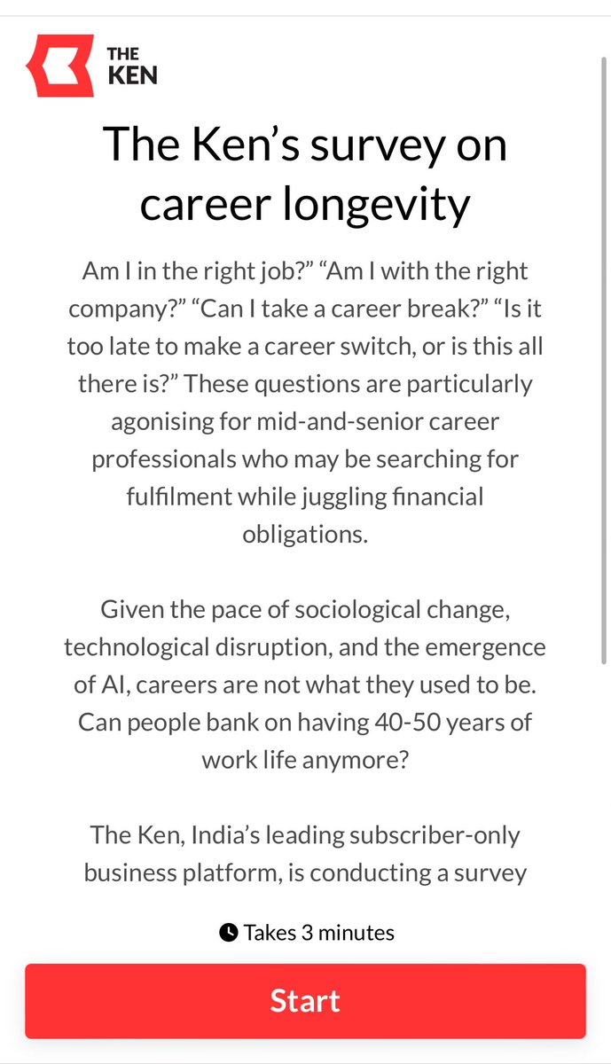 We have an interesting set of questions to ask you on career longevity if you are a working professional aged 40 and above. Help us by taking the survey and sharing it? TIA! theken.typeform.com/to/PzZsuFfV