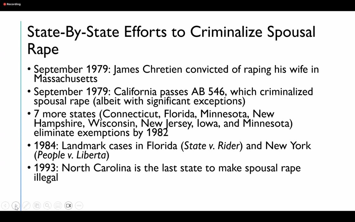 It's really wild that in my lifetime spousal rape was legal. California only eliminated the law that made spousal rape a 'lesser crime' in 2021! Slide from @sarahw (who's not on this app anymore)