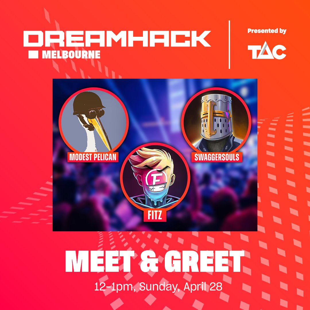 Call us a petting zoo, cos look at all these 🐐's 🪶 @ModestPelican 💪 @goodguyfitz 🛡️ @SwaggerSouls Meet em 🤝 greet em - Sunday at DreamHack! dreamhack.com/melbourne/tick…