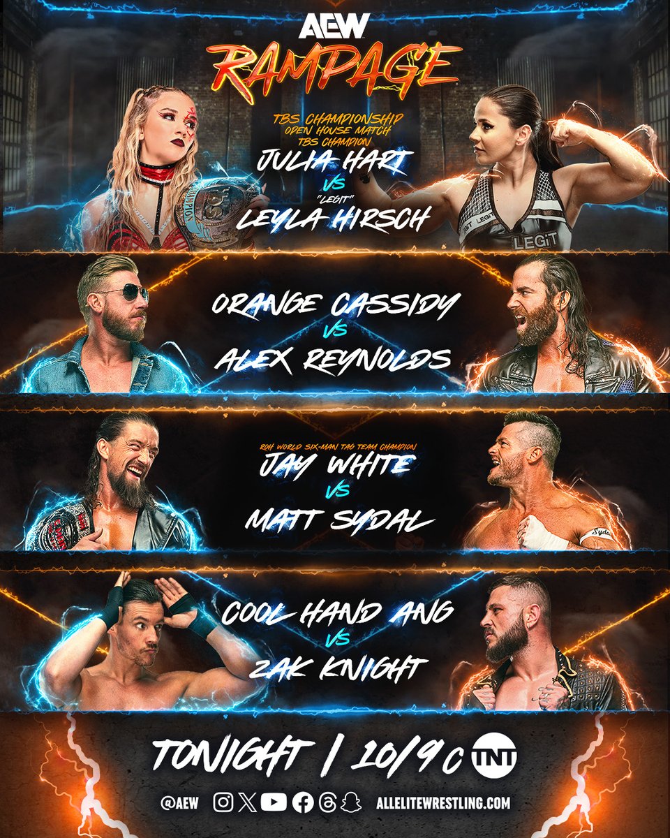 IN ONE HOUR!
Friday Night on #AEWRampage
10pm ET/9pm CT | TNT

• <a href="/TheJuliaHart/">julia hart</a> v <a href="/LegitLeyla/">Legit Leyla Hirsch</a>
• @Orangecassidy v #DarkOrder’s <a href="/YTAlexReynolds/">Alex Reynolds</a>
• <a href="/JayWhiteNZ/">Switchblade Jay White</a> v <a href="/MattSydal/">Matt Sydal</a>
• <a href="/TheAngeloParker/">‘Cool Hand’ Angelo Parker</a> v <a href="/TheZakZodiac/">Zak Knight</a>