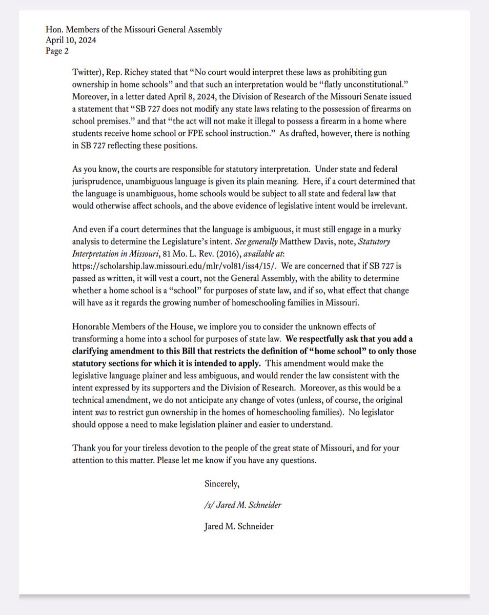 This is the FIRST actual LEGAL opinion  I've seen from Attorneys regarding SB727 and the implications for homeschoolers having firearms in our homes. Everything else has been political or lobbyist opinions.  #SB727 @MOFreedomCaucus #moleg