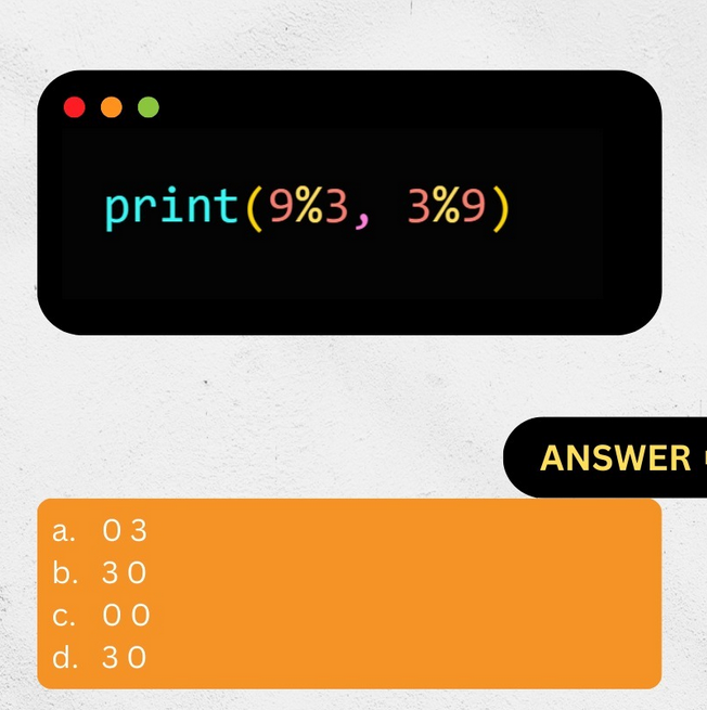 Python Question / Quiz;

What is the output of the following Python code, and why? 🤔🚀 Comment your answers below! 👇

#python #programming #developer #morioh #programmer #coding #coder #webdeveloper #webdevelopment #pythonprogramming #pythonquiz #machinelearning #datascience