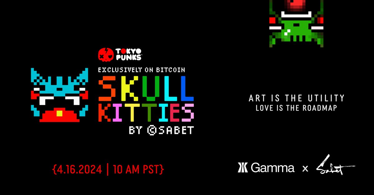 🟧🔥🔴Tokyo Punks | Skull Kitties by Sabet #ordinals on Bitcoin

🔥Drops on  4/16/2024 10 AM PST on GAMMA

🍃MINT PRICE
0.00123 BTC Plus Fees 

😻COLLECTION SIZE: 5000 (4850 Generated Kitties + 150 Hand Drawn 1 of 1s.

CHAIN: BITCOIN

OFFICIAL MINT SITE: gamma.io/ordinals/colle…