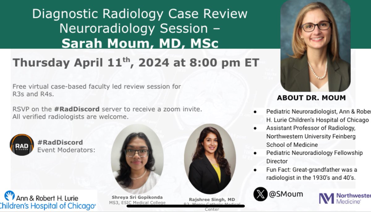 Neuroradiology Case Review with Dr. Sarah Moum

Time: Thu 4/11 at 8pm EST 

Recording: YES