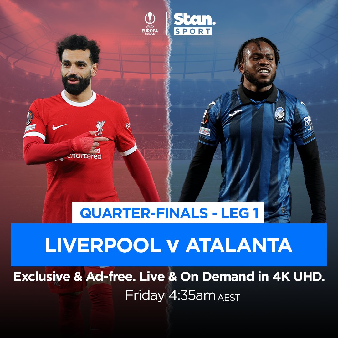 Will Atalanta survive at Anfield, or will Liverpool take one step towards a Semi-Final berth? 🤔 ↳ UEL Quarter-Finals. Liverpool v Atalanta, tomorrow from 4:35am AEST. Every match, only on Stan Sport. Exclusive & Ad-free. Live & On Demand. #StanSportAU #UEL